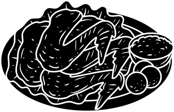 black and white chicken wings on plate clip art preview