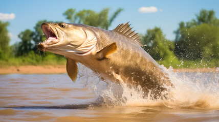 Big catfish in river jumping out of water. Fishing concept. Background with selective focus.

