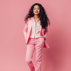 stylish businesswoman in pink suit on pink background