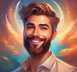 Head shot portrait smiling confident millennial man looking at camera  standing at home  happy positive bearded young male  businessman or freelancer posing for photo  profile picture concept