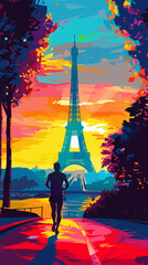Colorful illustration person running in Paris with the Eiffel Tower in the background, Olympic Games 
