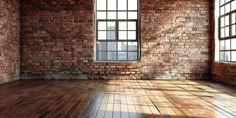 Empty room with window and flooring. Brick wall