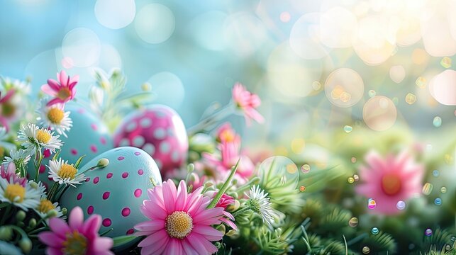 Our stock image features a congratulatory background with vibrant Easter eggs and flowers—a festive composition perfect for conveying the joy of the season