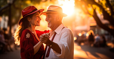 Timeless Tango: Embracing Tradition with an Old Couple Dancing at Sunset in the Streets of Argentina Representing their Culture and Tradition.