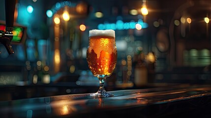 Our image captures a glass of beer on a dark background—brewed to perfection, showcasing the frothy goodness. Ideal for conveying the rich and refreshing experience of beer enjoyment - obrazy, fototapety, plakaty