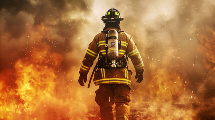 The intensity and heroism as a firefighter bravely navigates into the fire, searching for possible survivors amidst the smoke and flames, embodying courage, determination, and selflessness  - obrazy, fototapety, plakaty