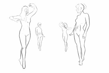 sketch of several silhouettes of female ballet dancers dancing on a white background