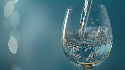 Our captivating image showcases fresh drinking water being poured into a glass against a serene blue background—an enticing visual promoting healthy hydration