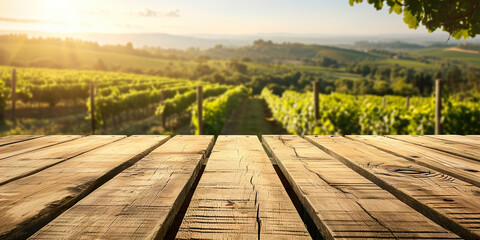 Empty wood table top with blurred vineyard