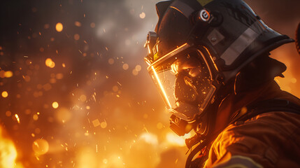 Portrait of a fireman against the background of fire