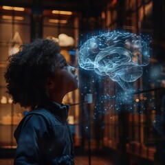 Fototapeta premium An AR technology displaying a holographic representation of a human brain as a kid looks on in wonder and amazement at the intricate details