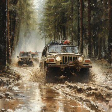Two jeeps are seen driving through a dense forest. The vehicles are kicking up dust as they make their way along a rugged path surrounded by tall trees and green foliage