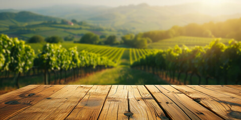 Empty wood table top with blurred vineyard - obrazy, fototapety, plakaty