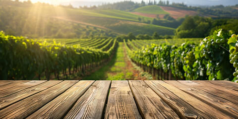 Empty wood table top with blurred vineyard