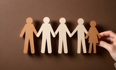 Five paper cut-out figures in shades of brown representing diversity, held by hand against a Solid background