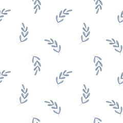 A pattern from an illustration of watercolor blue twigs with leaves. It was drawn by hand.