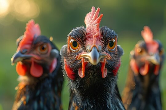 A detailed image showcasing the intensity in the eyes of the chickens with a golden light background