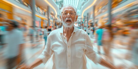 A senior Latin man exudes timeless charm and confidence as he strikes a dynamic pose against the blurred backdrop of a modern, motion-blurred shopping mall filled with bustling shoppers. - obrazy, fototapety, plakaty