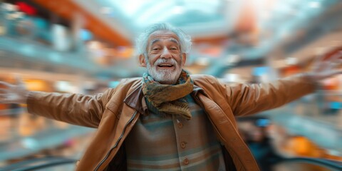 Fototapeta na wymiar A senior Latin man exudes timeless charm and confidence as he strikes a dynamic pose against the blurred backdrop of a modern, motion-blurred shopping mall filled with bustling shoppers.