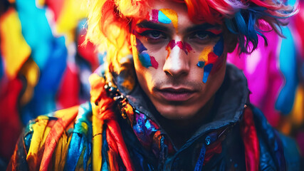 Gesichtes eines jungen Mannes mit gefärbten Haaren und mit Schminke und Farbe verziertem Gesicht - obrazy, fototapety, plakaty
