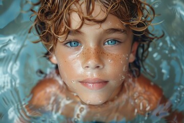 Close-up of a young child with blue eyes and freckles, submerged in clear water