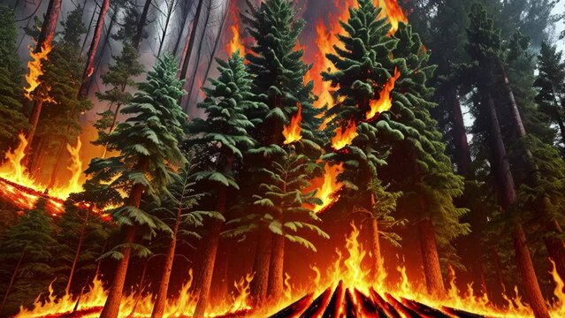 Destructive fire in dense forest due to unextinguished tourist bonfire. Towering flames quickly set trees ablaze, black smoke rises upward.