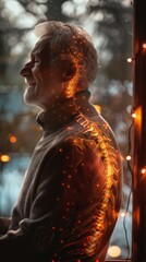 Obraz premium A man is standing next to a window adorned with a string of lights