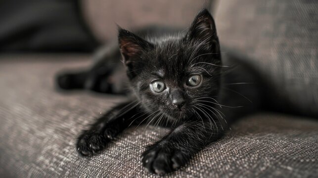 Our image features a black kitten lying on the couch, with selective focus creating an adorable close-up. Perfect for conveying the coziness of home and the charm of a cute feline friend.