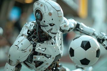 Fototapeta premium A highly detailed robotic figure holds a soccer ball, showcasing modern robotics technology in sports.