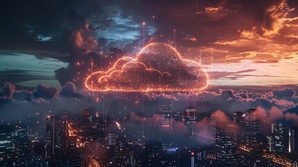Futuristic cloud computing network glowing above a cityscape symbolizing digital data transfer across the globe