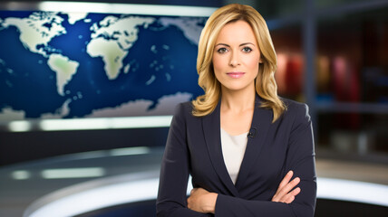 TV Live News program with professional female presenter reporting, world map background. Television cable channel anchor woman talks, business, economy, entertainment, weather forecast.  