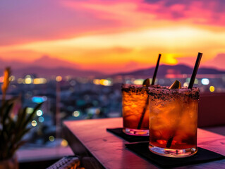 two glasses of alcoholic cocktail on a tray overlooking the city sunset panorama