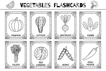 Vegetables flashcards black and white set. Flash cards collection in outline for coloring. Learn food vocabulary for school and preschool. Pumpkin, lettuce, celery and more. Vector illustration