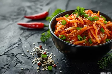 Fotobehang Kimchi on a black background top view Korean Cuisine. Concept Food Photography, Kimchi, Korean Cuisine, Flat lay, Top view © Anastasiia