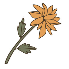 Yellow flower with large petals. Branch with bud and leaf. Fantasy flower, flat vintage style. Line. EPS10