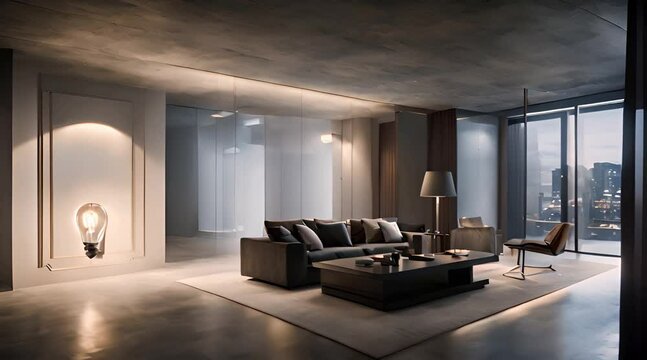 modern minimalism style interior condominium living room with cityscape view out of window