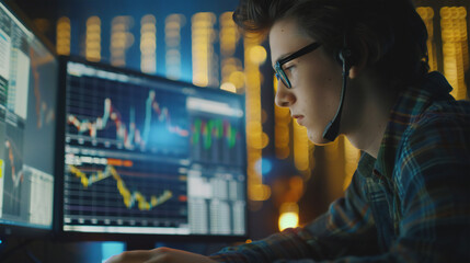 High-Speed Financial Analyst Typing on Computer with Interest Rate Models and Graphs Flashing on Screen for Business Data Analysis and Market Trends