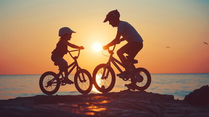 Obraz premium A man and a young child on bicycles face each other at sunset on a rocky shoreline with the sun between them