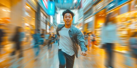 Fototapeta na wymiar A young Asian American man exudes confidence and charisma as he strikes a dynamic pose against the blurred backdrop of a modern, motion-blurred shopping mall filled with bustling shoppers.
