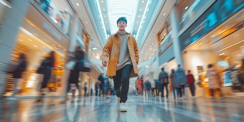 A young Asian American man exudes confidence and charisma as he strikes a dynamic pose against the blurred backdrop of a modern, motion-blurred shopping mall filled with bustling shoppers. - obrazy, fototapety, plakaty