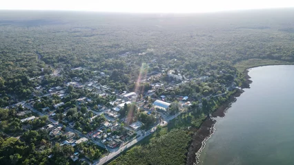 Fototapete Cerro Torre Aerial Drone view of Bacalar, laguna en ruinasv