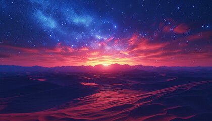 Amazing views of the Sahara desert under the night starry sky. Amazing galaxy in the desert. Colorful stars landscape - obrazy, fototapety, plakaty