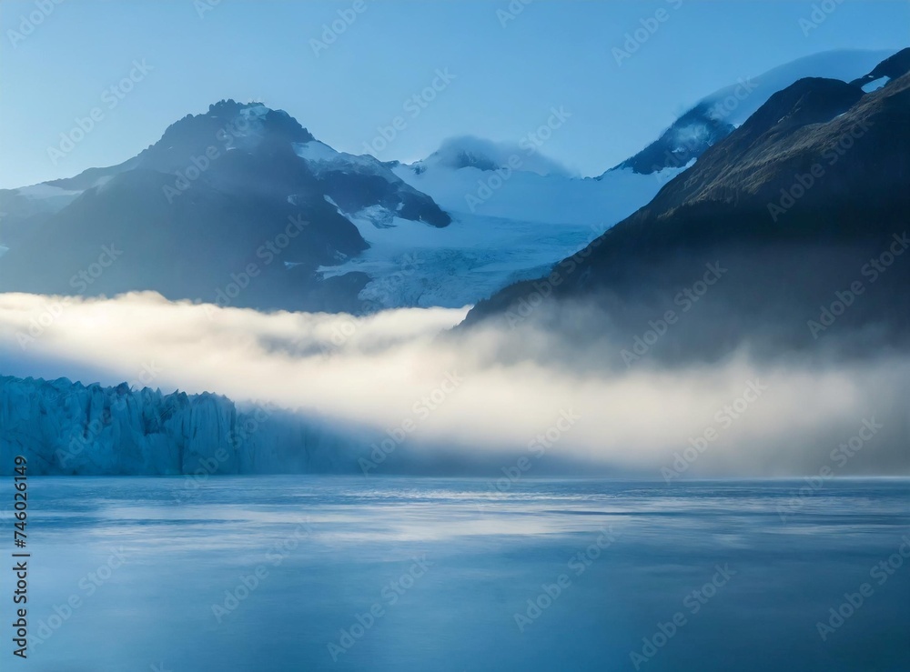 Poster Glacier and snowy mountains. Frozen landscape.