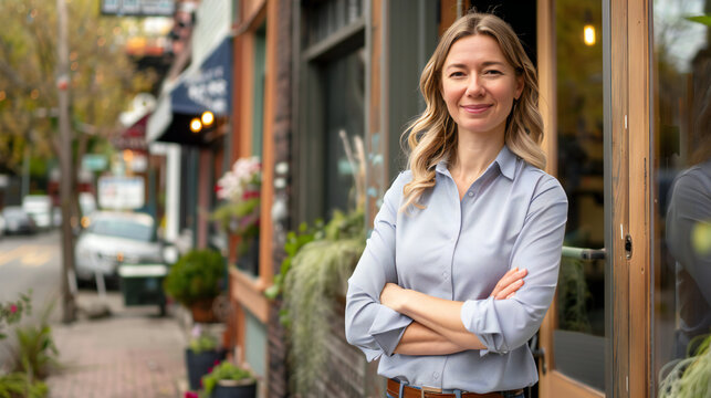 Confident Small Business Owner Stands in Front of Legal LLC Storefront, Exuding Professionalism and Success