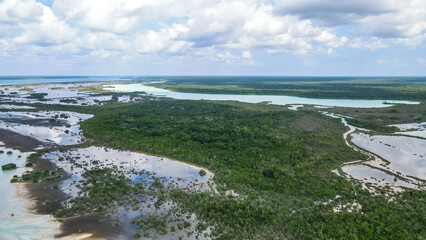 Fototapeta na wymiar Aerial View From Bacalar, Houses, dock, perfect instant