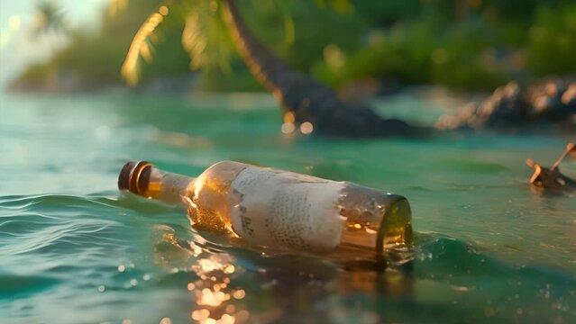 bottle with rolled up letter in it floating in water, generative ai