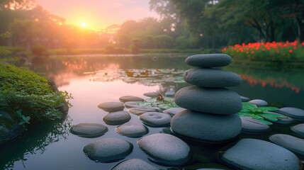 Path of circular stepping stones across a calm pond in a lush, serene zen garden at sunrise. Resplendent. - obrazy, fototapety, plakaty