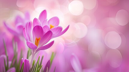 Fototapeta premium Close-up of delicately purple crocus flowers in a bouquet. Spring flowers growing in nature or gallery. Illustration for cover, postcard, greeting card, interior design, poster, brochure, presentation