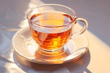 a glass cup of tea on a saucer