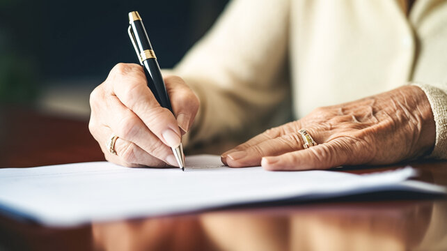 Elderly woman signing his last will and testament, hands close up of and old woman signing an agreement.

 - Powered by Adobe